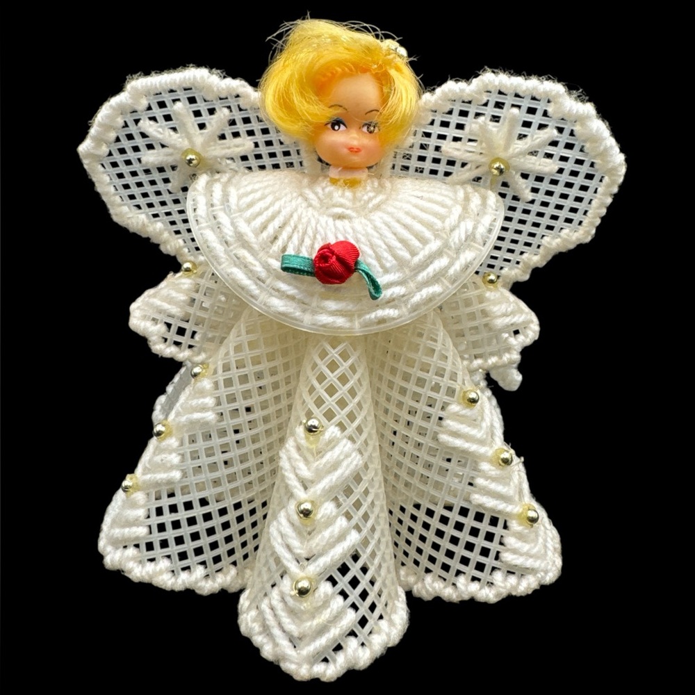 Vintage Plastic Canvas Angel Tree Topper Handmade Needlepoint Doll Head Blonde